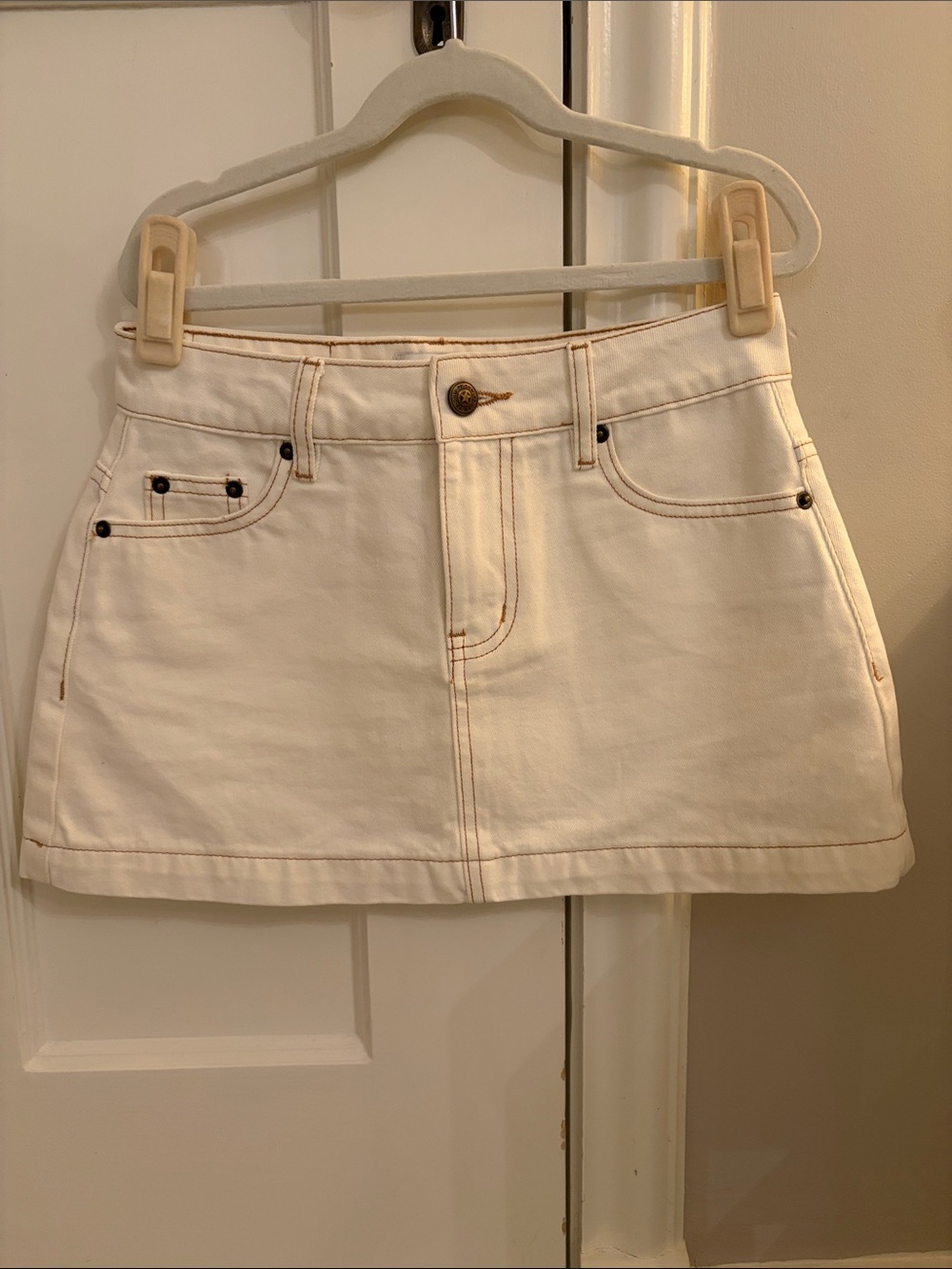 Princess Polly Cream Denim Mini Skirt with Contrast Stitching